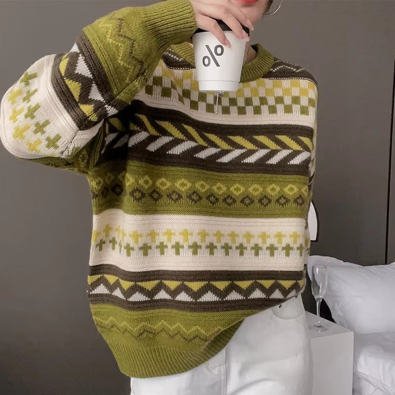 Casual Patchwork Full Sleeve Wool Round Neck Pullover Loose Thicken Knit Cashmere Sweater