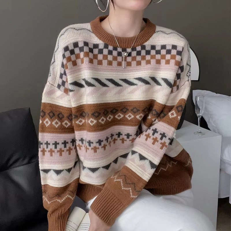 Casual Patchwork Full Sleeve Wool Round Neck Pullover Loose Thicken Knit Cashmere Sweater