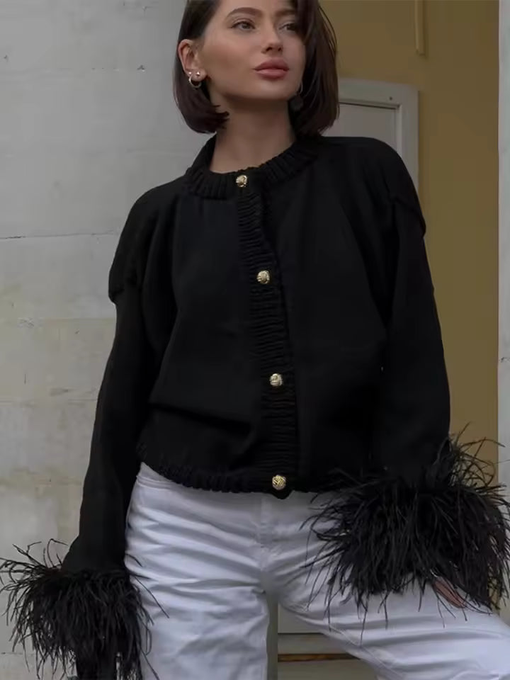 Casual Patchwork Long Sleeve Single Breasted Feather Knitted Cardigan
