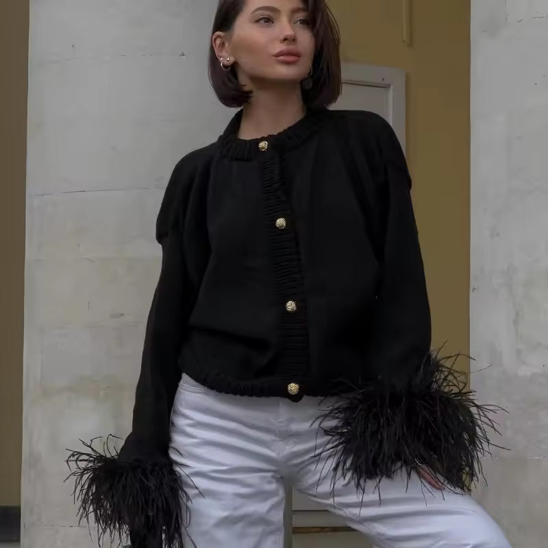 Casual Patchwork Long Sleeve Single Breasted Feather Knitted Cardigan