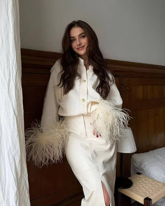 Casual Patchwork Long Sleeve Single Breasted Feather Knitted Cardigan