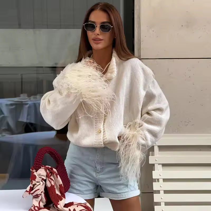 Casual Patchwork Long Sleeve Single Breasted Feather Knitted Cardigan