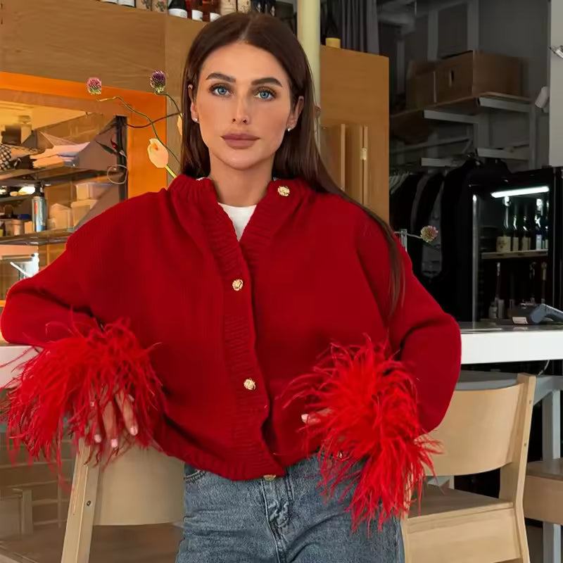 Casual Patchwork Long Sleeve Single Breasted Feather Knitted Cardigan