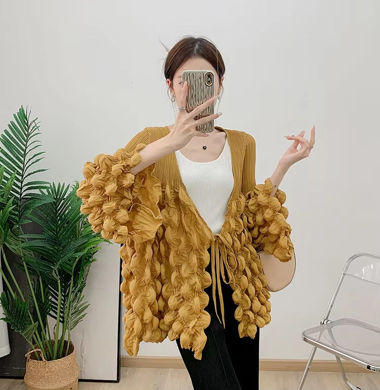 Casual Pleated V Neck Lace-up Full Flare Sleeve Solid Color Outwear Chic Style Jackets