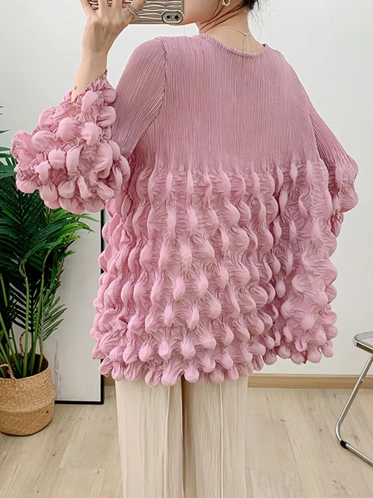 Casual Pleated V Neck Lace-up Full Flare Sleeve Solid Color Outwear Chic Style Jackets