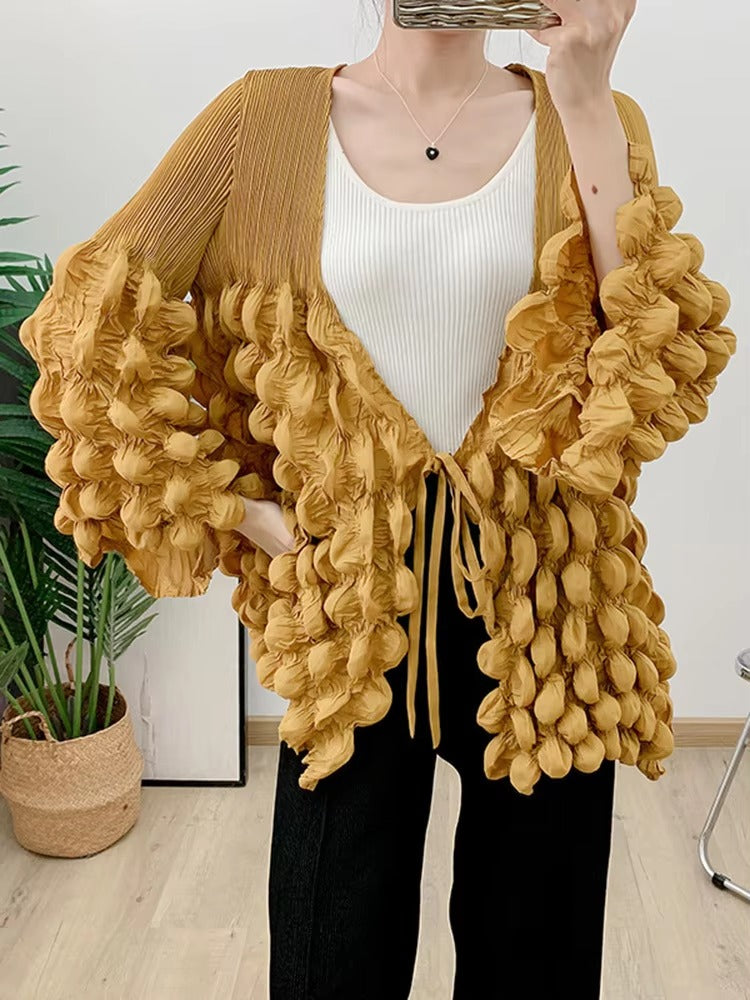 Casual Pleated V Neck Lace-up Full Flare Sleeve Solid Color Outwear Chic Style Jackets