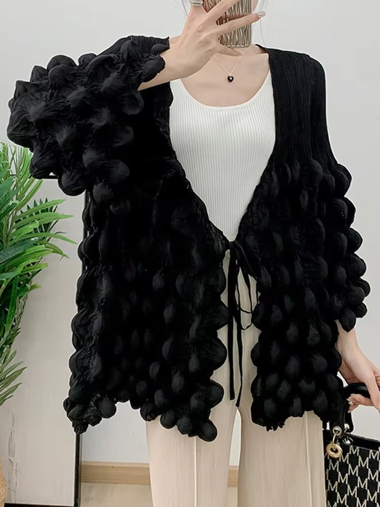 Casual Pleated V Neck Lace-up Full Flare Sleeve Solid Color Outwear Chic Style Jackets