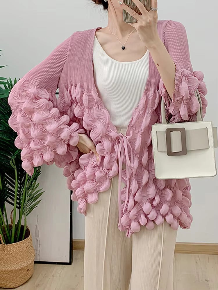 Casual Pleated V Neck Lace-up Full Flare Sleeve Solid Color Outwear Chic Style Jackets