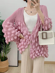 Casual Pleated V Neck Lace-up Full Flare Sleeve Solid Color Outwear Chic Style Jackets