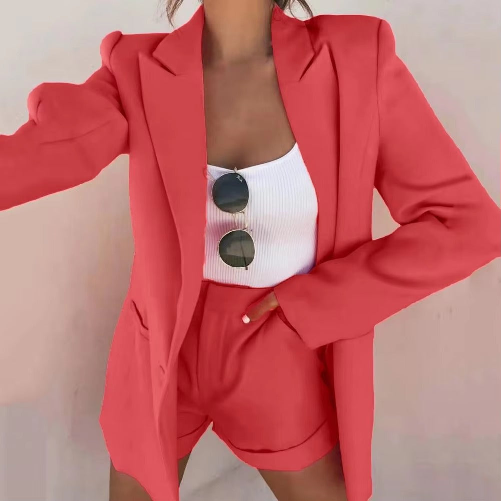 Casual Pocket Design Lady Business Cardigan Coat Shorts Set Office Outfit Short Suits