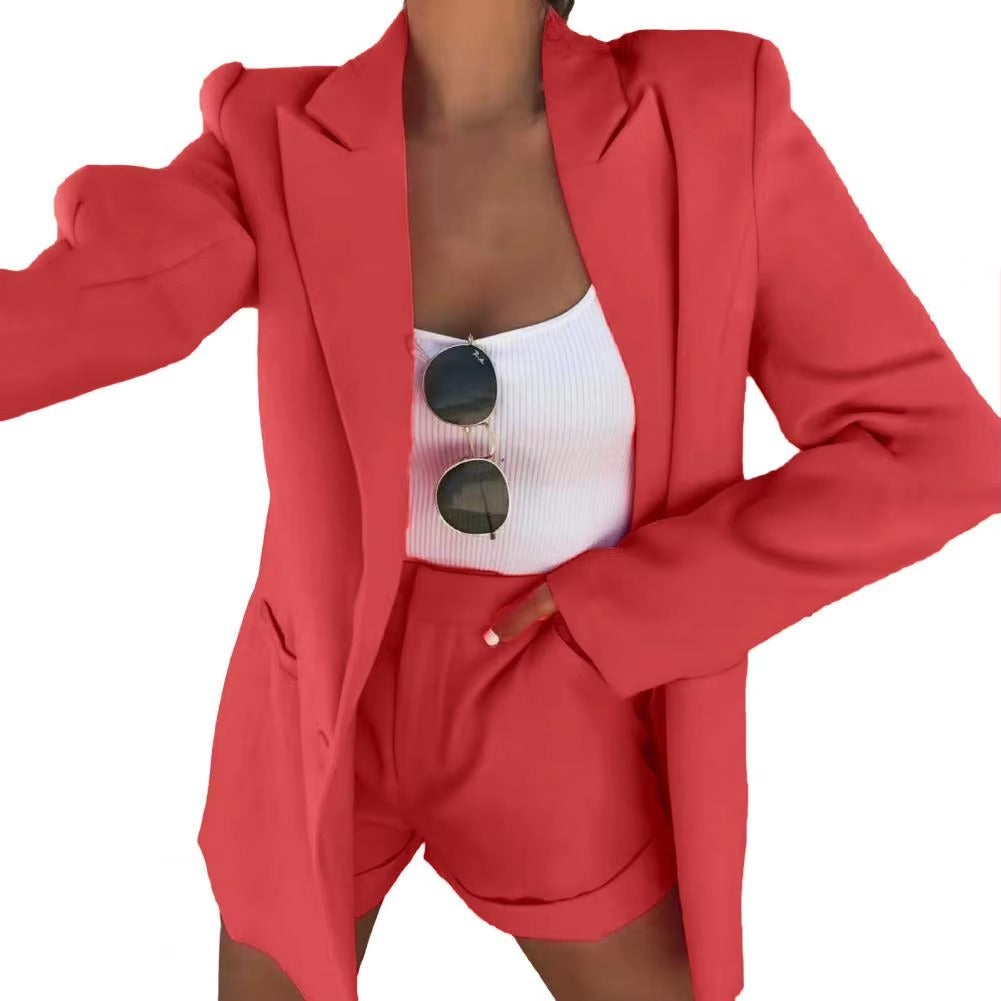 Casual Pocket Design Lady Business Cardigan Coat Shorts Set Office Outfit Short Suits