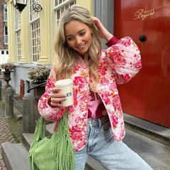 Casual Print Quilted O-neck Long Lantern Sleeve Single Breasted Jacket