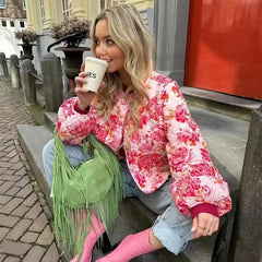 Casual Print Quilted O-neck Long Lantern Sleeve Single Breasted Jacket