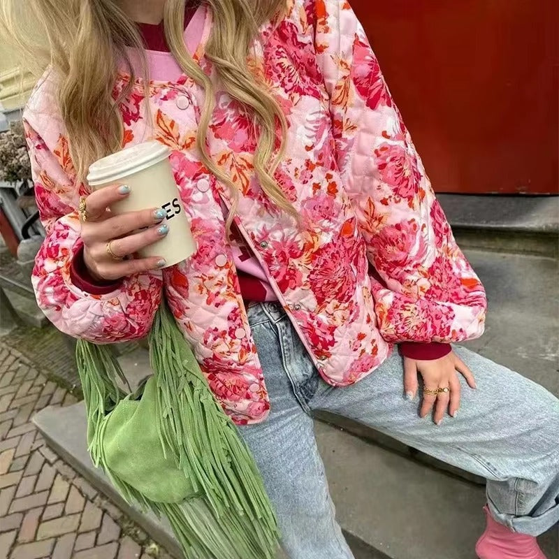 Casual Print Quilted O-neck Long Lantern Sleeve Single Breasted Jacket