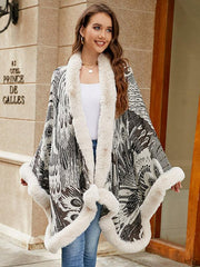 Casual Printed Faux Fur Trim Long Sleeve Oversized Poncho Street Wear Cape
