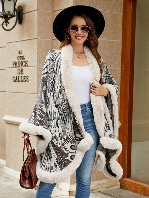 Casual Printed Faux Fur Trim Long Sleeve Oversized Poncho Street Wear Cape