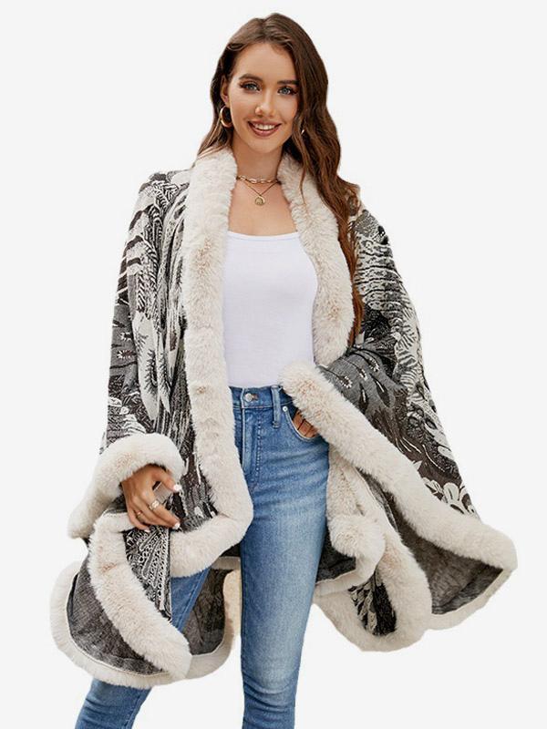 Casual Printed Faux Fur Trim Long Sleeve Oversized Poncho Street Wear Cape