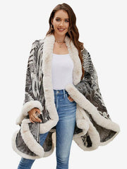Casual Printed Faux Fur Trim Long Sleeve Oversized Poncho Street Wear Cape