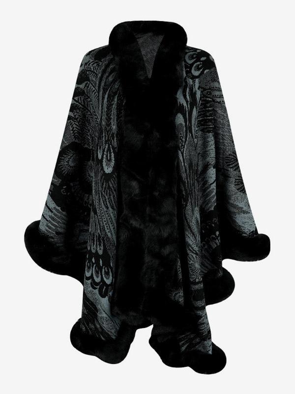 Casual Printed Faux Fur Trim Long Sleeve Oversized Poncho Street Wear Cape