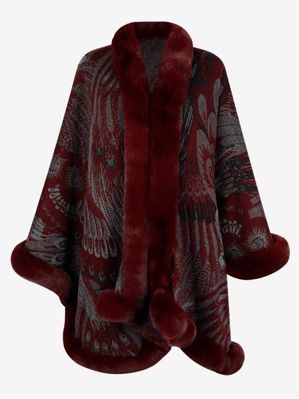 Casual Printed Faux Fur Trim Long Sleeve Oversized Poncho Street Wear Cape