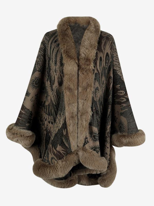 Casual Printed Faux Fur Trim Long Sleeve Oversized Poncho Street Wear Cape