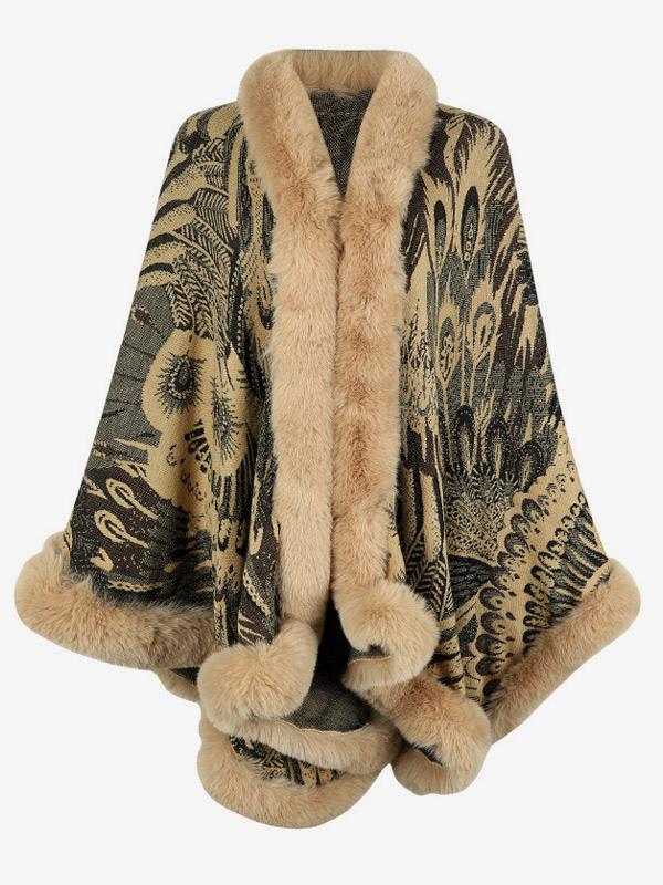 Casual Printed Faux Fur Trim Long Sleeve Oversized Poncho Street Wear Cape