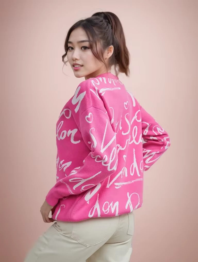 Casual Printed Long Sleeve Jumper Thick Warm Knit Pullovers Oversized Sweater