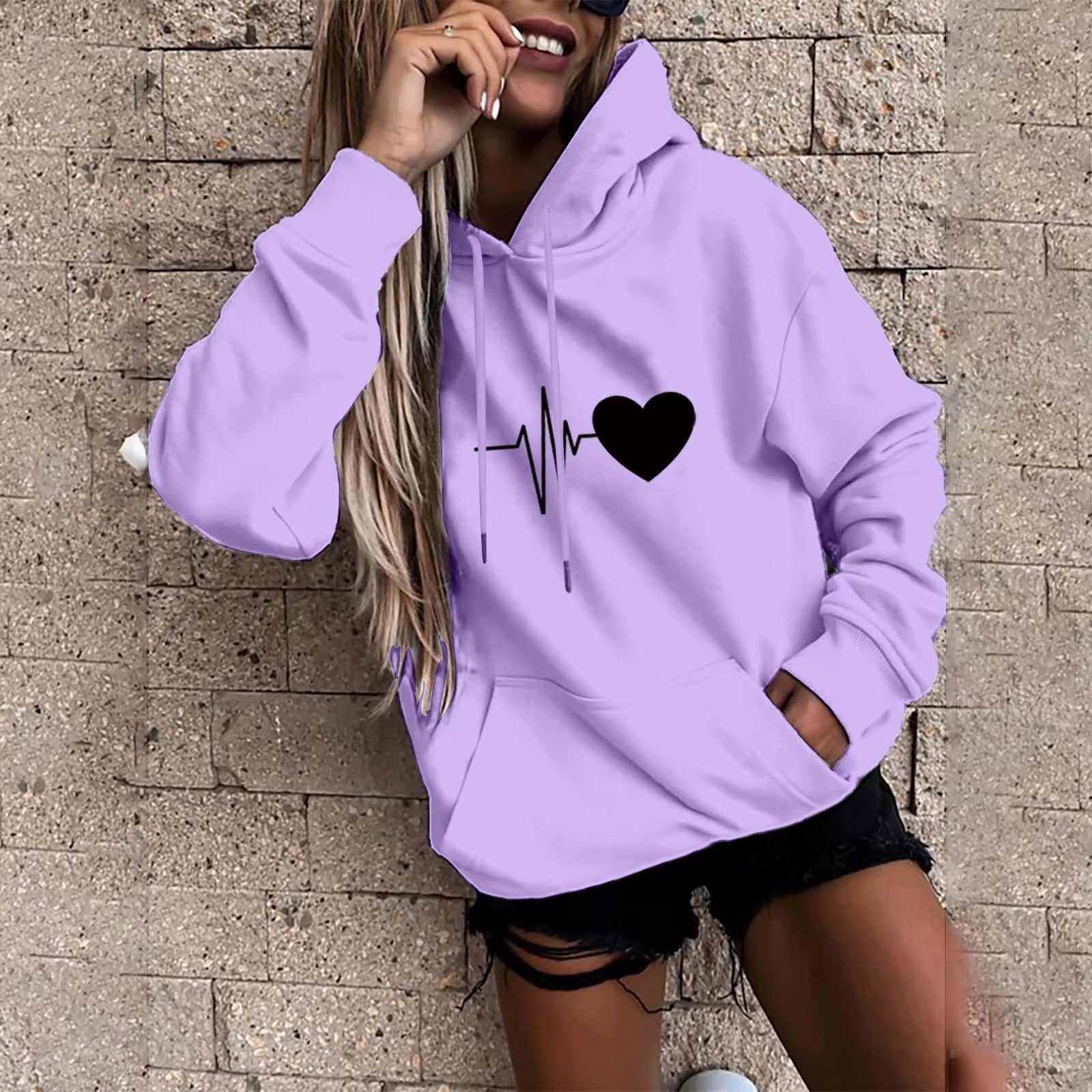 Casual Pullover Fun Print Hooded Sweatshirt Loose Sports Tops
