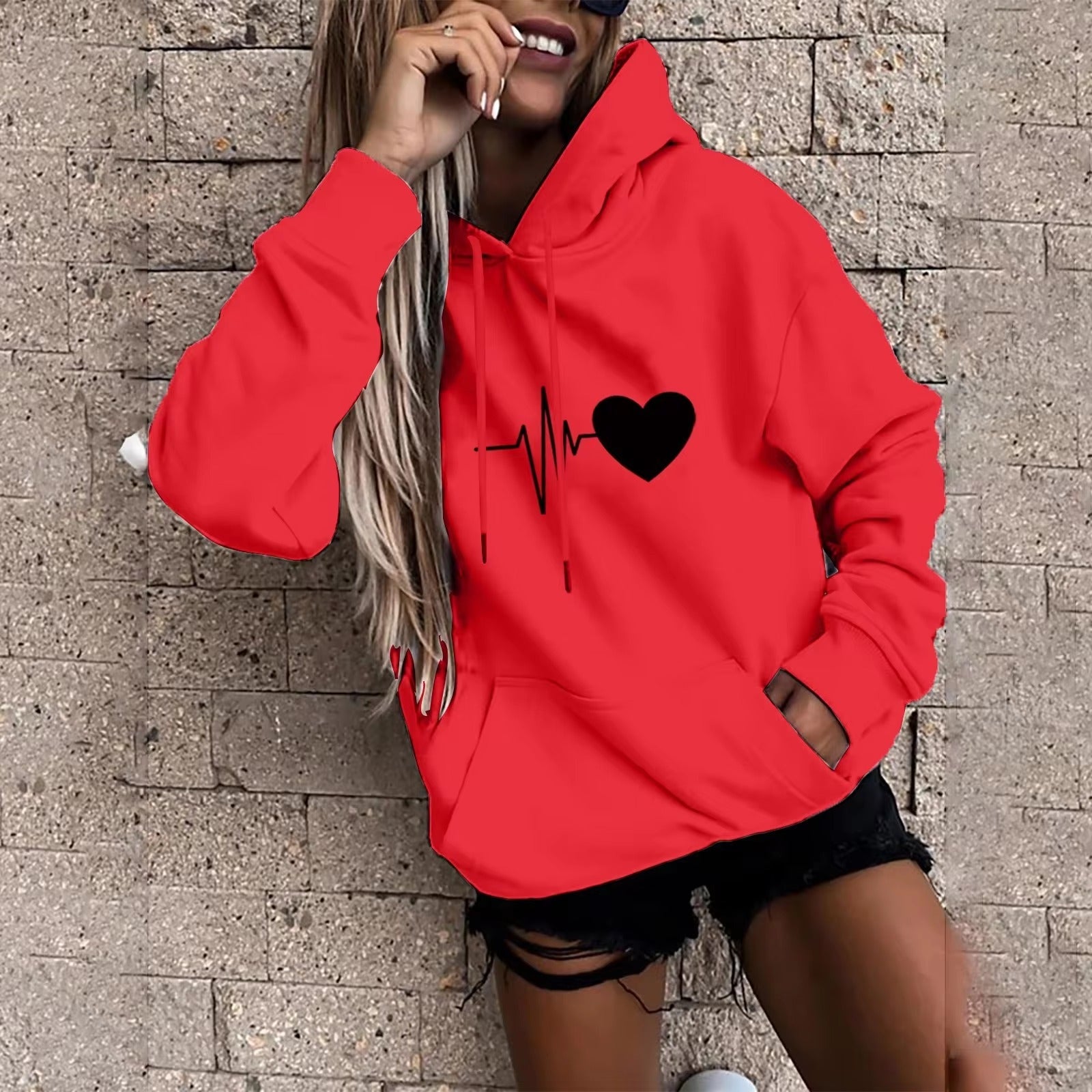 Casual Pullover Fun Print Hooded Sweatshirt Loose Sports Tops