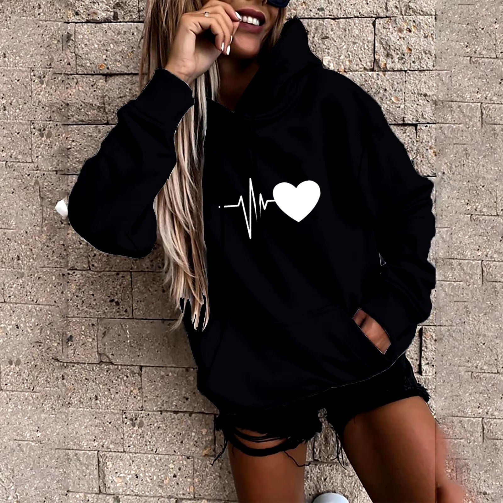 Casual Pullover Fun Print Hooded Sweatshirt Loose Sports Tops