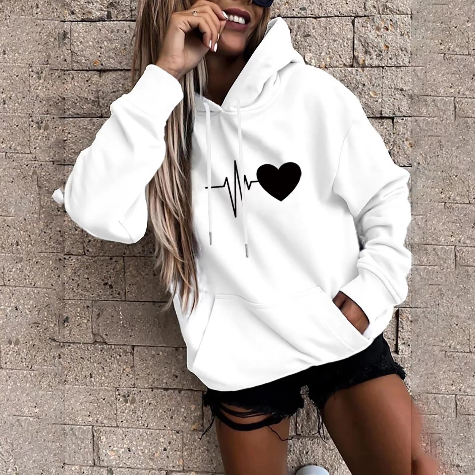 Casual Pullover Fun Print Hooded Sweatshirt Loose Sports Tops