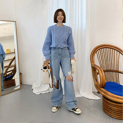 Casual Pullover Knitting O-Neck Lantern Sleeve Loose Elegant Solid Sweaters