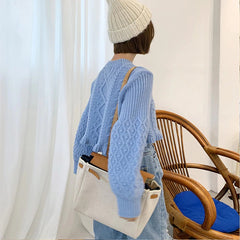 Casual Pullover Knitting O-Neck Lantern Sleeve Loose Elegant Solid Sweaters