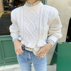 Casual Pullover Knitting O-Neck Lantern Sleeve Loose Elegant Solid Sweaters