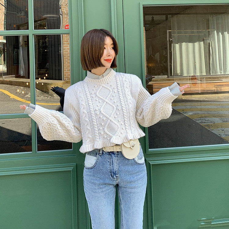 Casual Pullover Knitting O-Neck Lantern Sleeve Loose Elegant Solid Sweaters
