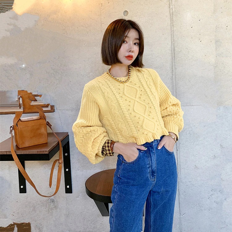 Casual Pullover Knitting O-Neck Lantern Sleeve Loose Elegant Solid Sweaters
