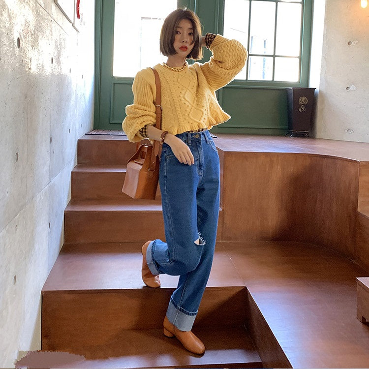 Casual Pullover Knitting O-Neck Lantern Sleeve Loose Elegant Solid Sweaters