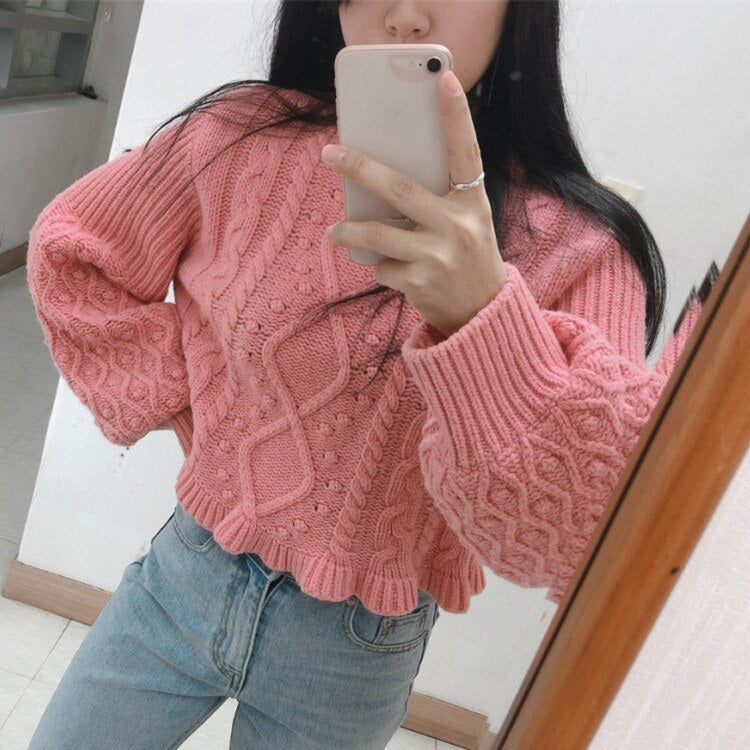 Casual Pullover Knitting O-Neck Lantern Sleeve Loose Elegant Solid Sweaters