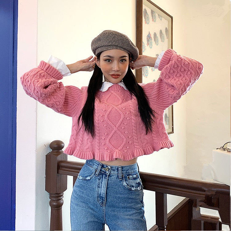 Casual Pullover Knitting O-Neck Lantern Sleeve Loose Elegant Solid Sweaters