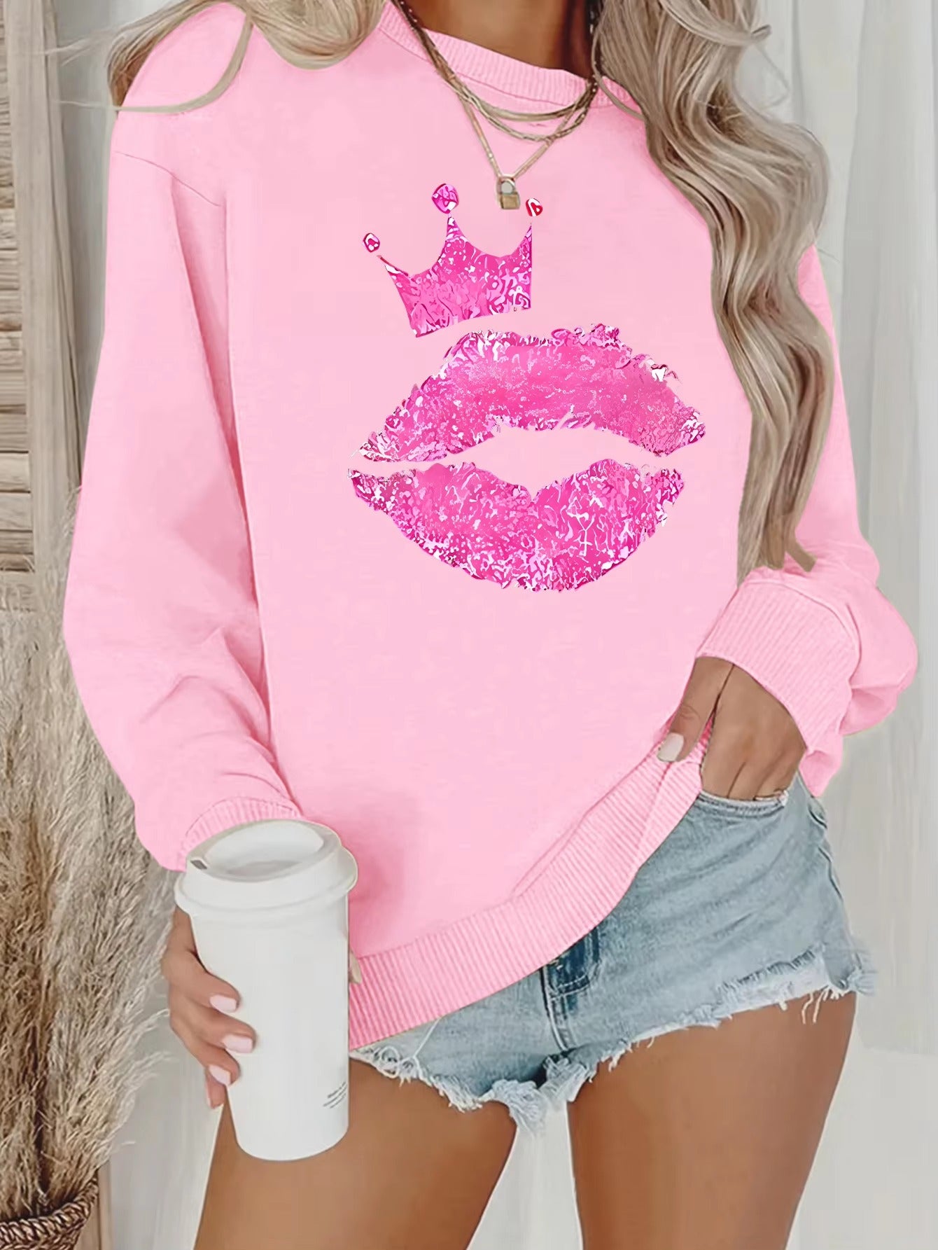 Casual Pullover O-Neck Unisex Kiss Print Full Sleeve Sweatshirt