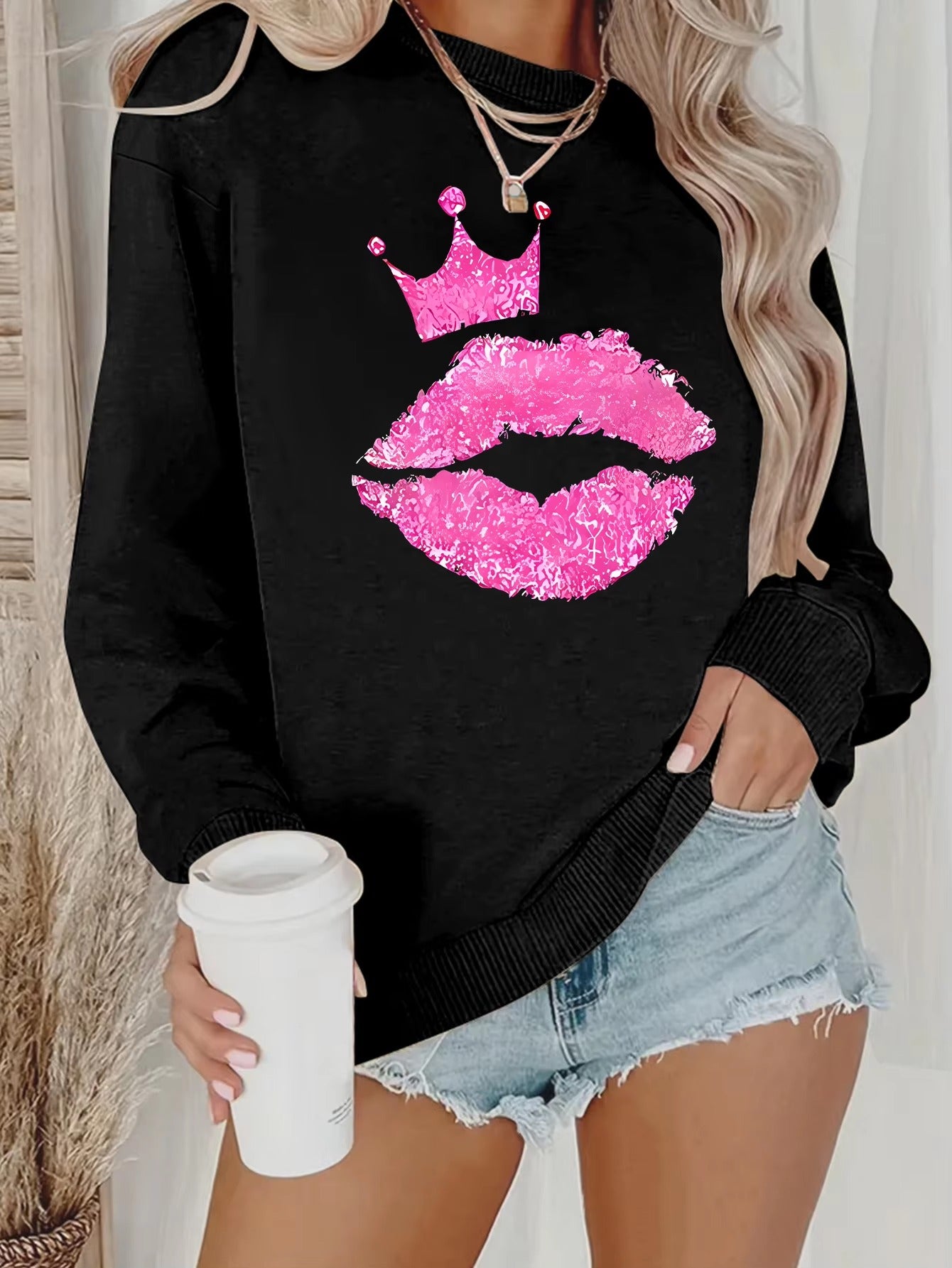 Casual Pullover O-Neck Unisex Kiss Print Full Sleeve Sweatshirt