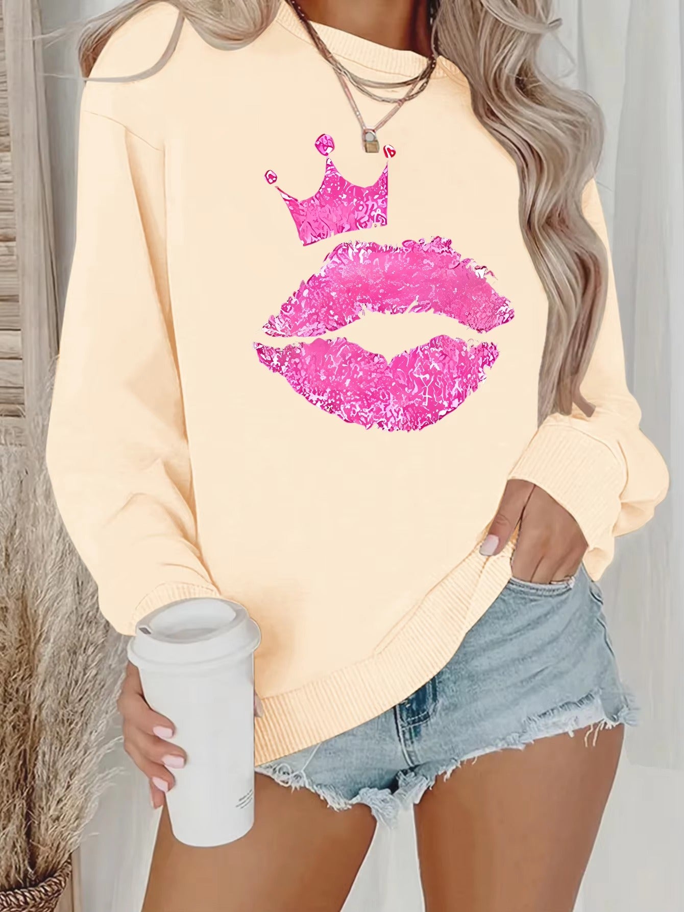 Casual Pullover O-Neck Unisex Kiss Print Full Sleeve Sweatshirt
