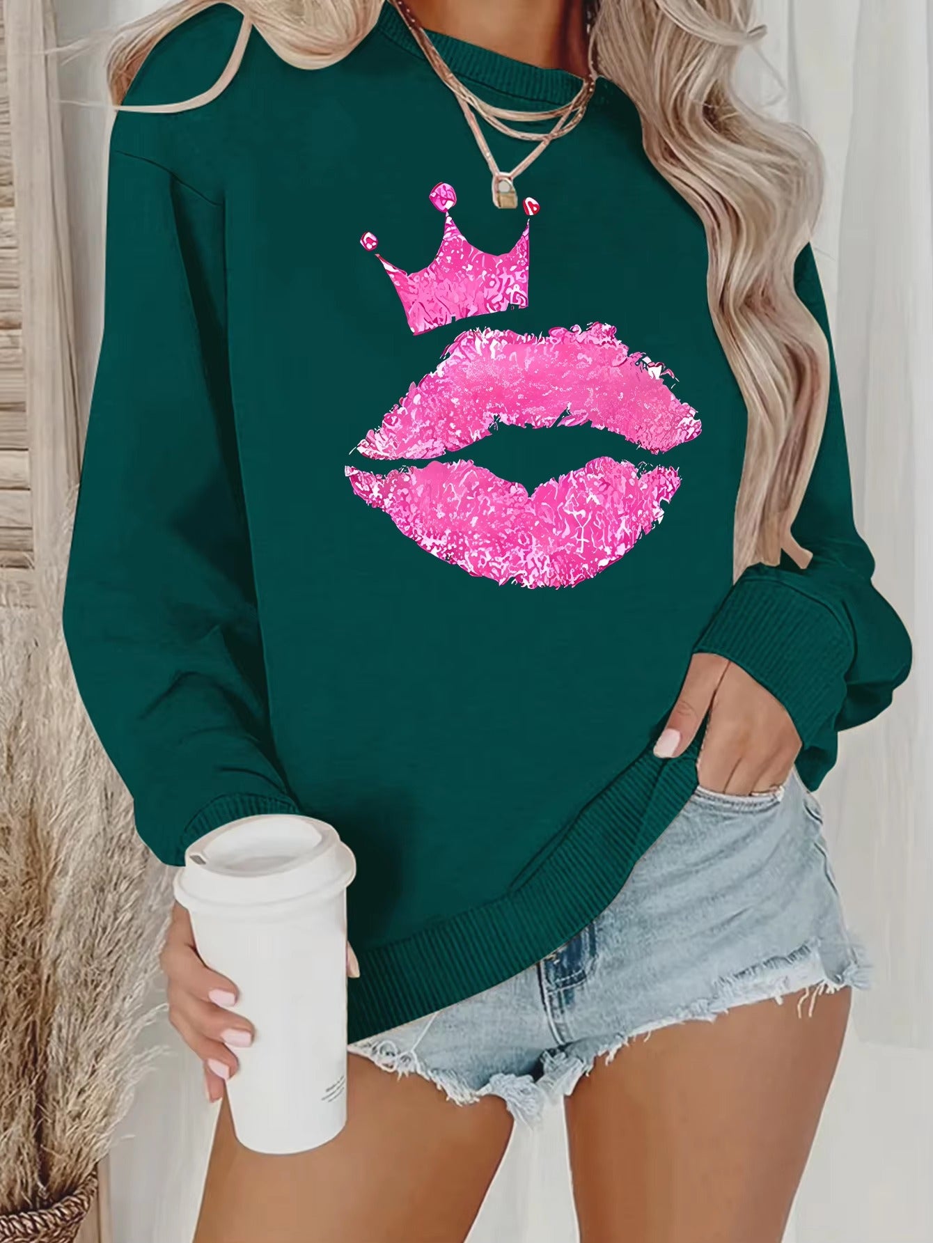 Casual Pullover O-Neck Unisex Kiss Print Full Sleeve Sweatshirt
