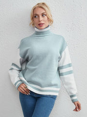 Casual Pullover Sweater Two-Tone Turtleneck Long Sleeves Sweaters