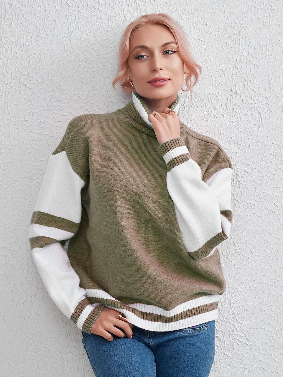 Casual Pullover Sweater Two-Tone Turtleneck Long Sleeves Sweaters