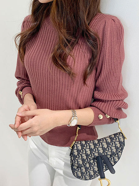 Casual Pullovers Buttons Jewel Neck Long Sleeves Sweaters