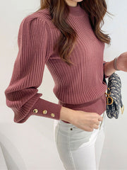 Casual Pullovers Buttons Jewel Neck Long Sleeves Sweaters