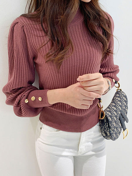 Casual Pullovers Buttons Jewel Neck Long Sleeves Sweaters
