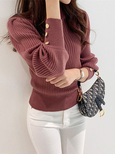 Casual Pullovers Buttons Jewel Neck Long Sleeves Sweaters