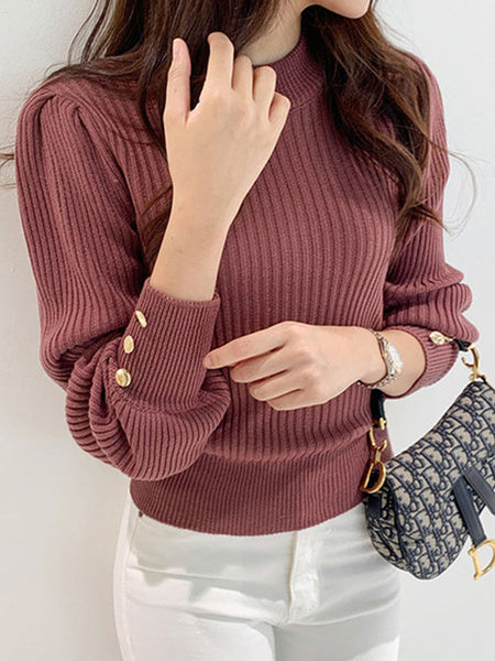 Casual Pullovers Buttons Jewel Neck Long Sleeves Sweaters